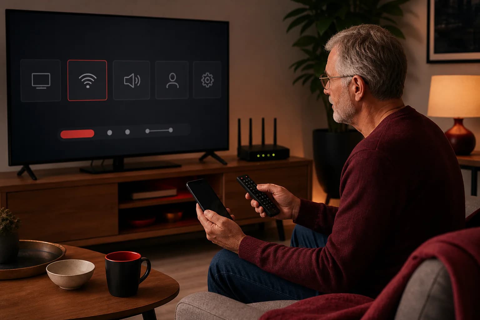 Customer checking television and Wi-Fi settings during guided setup support