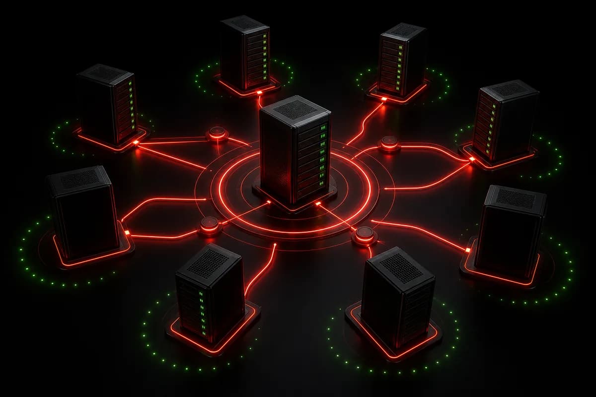 Abstract distributed server network with red and green status lights