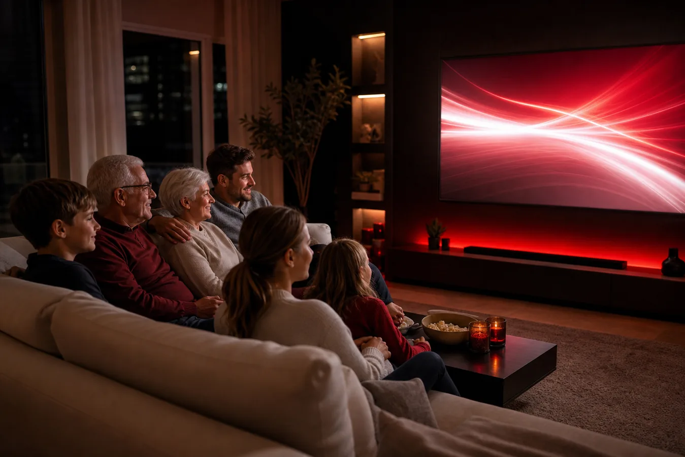 European family watching an abstract streaming screen in a premium living room
