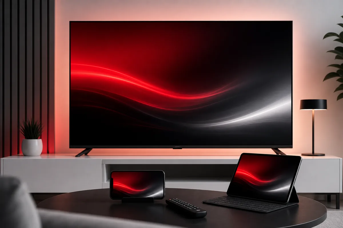 Generic TV, phone and tablet showing abstract streaming visuals